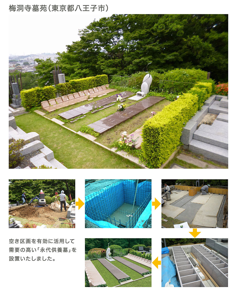 梅洞寺墓苑(東京都八王子市)空き区画を有効に活用して需要の高い「永代供養墓」を設置いたしました。