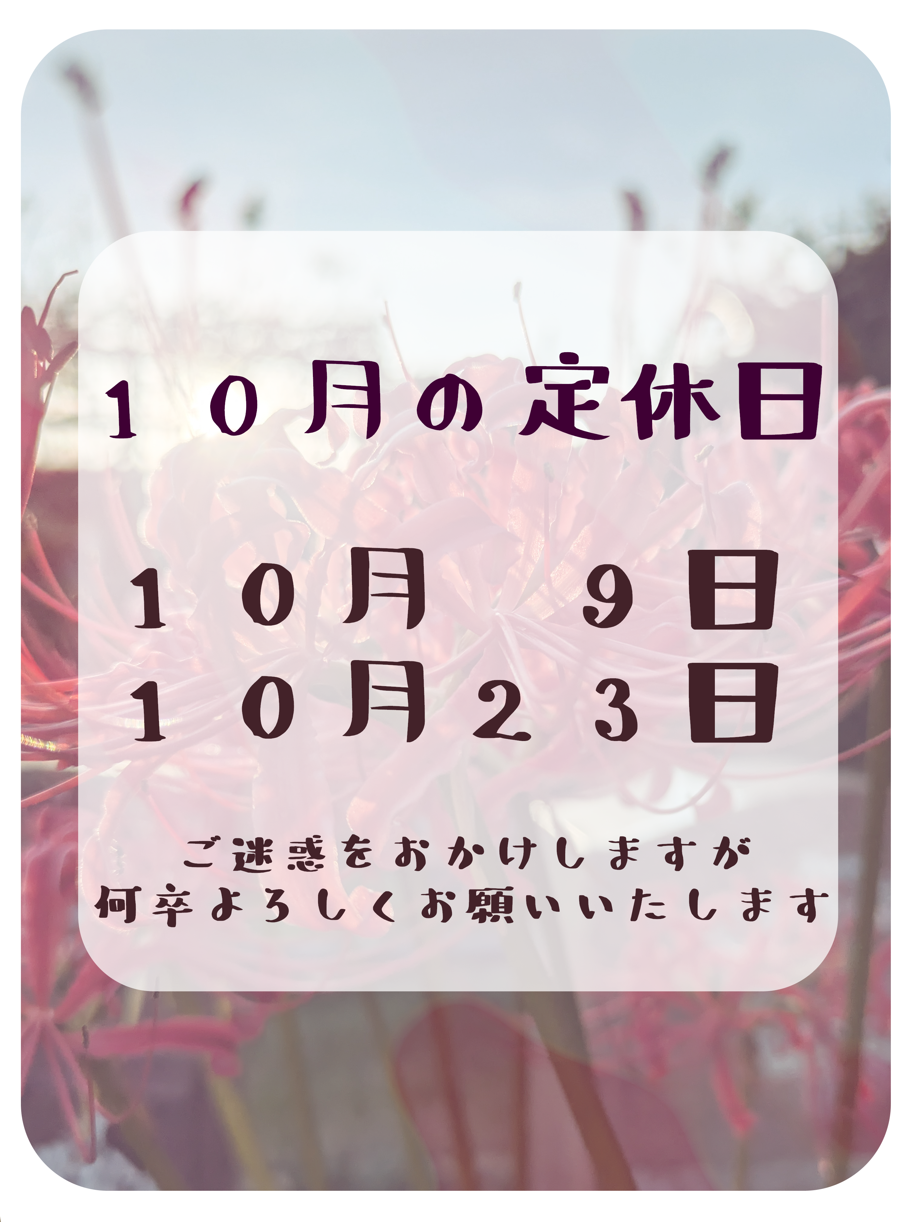１０月の定休日のお知らせ