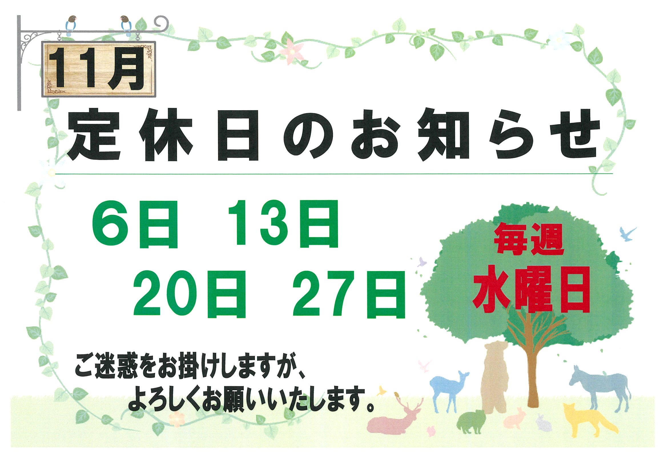 🍂１１月定休日のお知らせ🍂