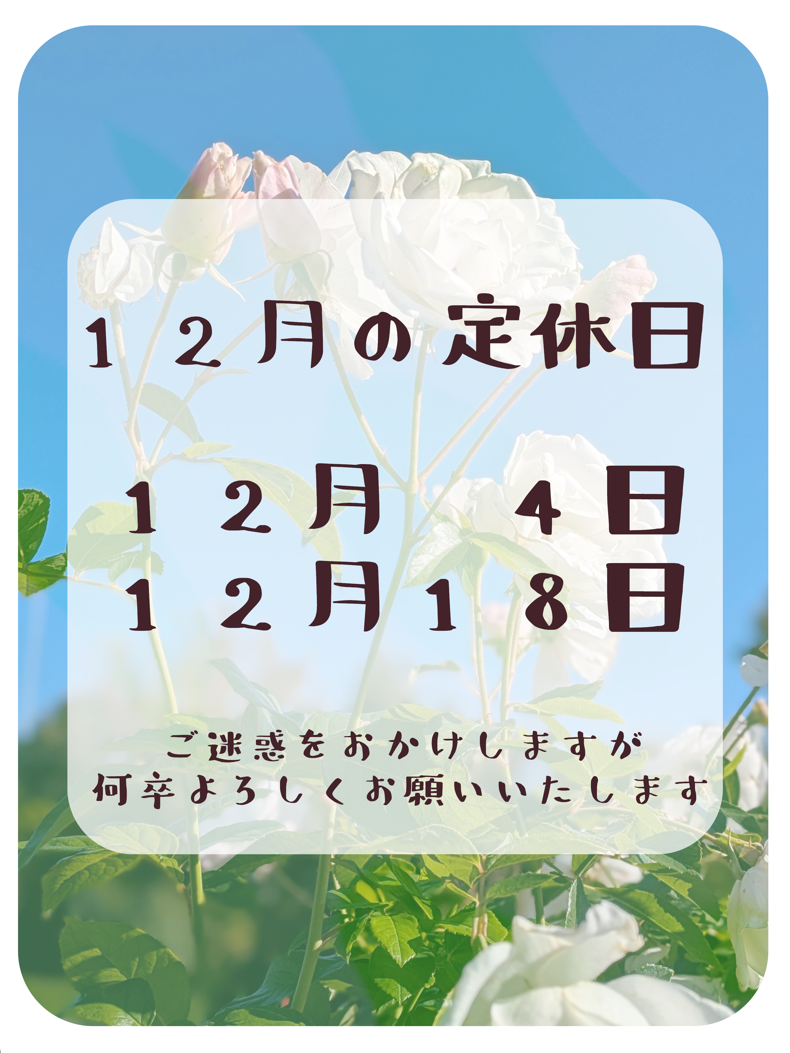 １２月の定休日のお知らせ