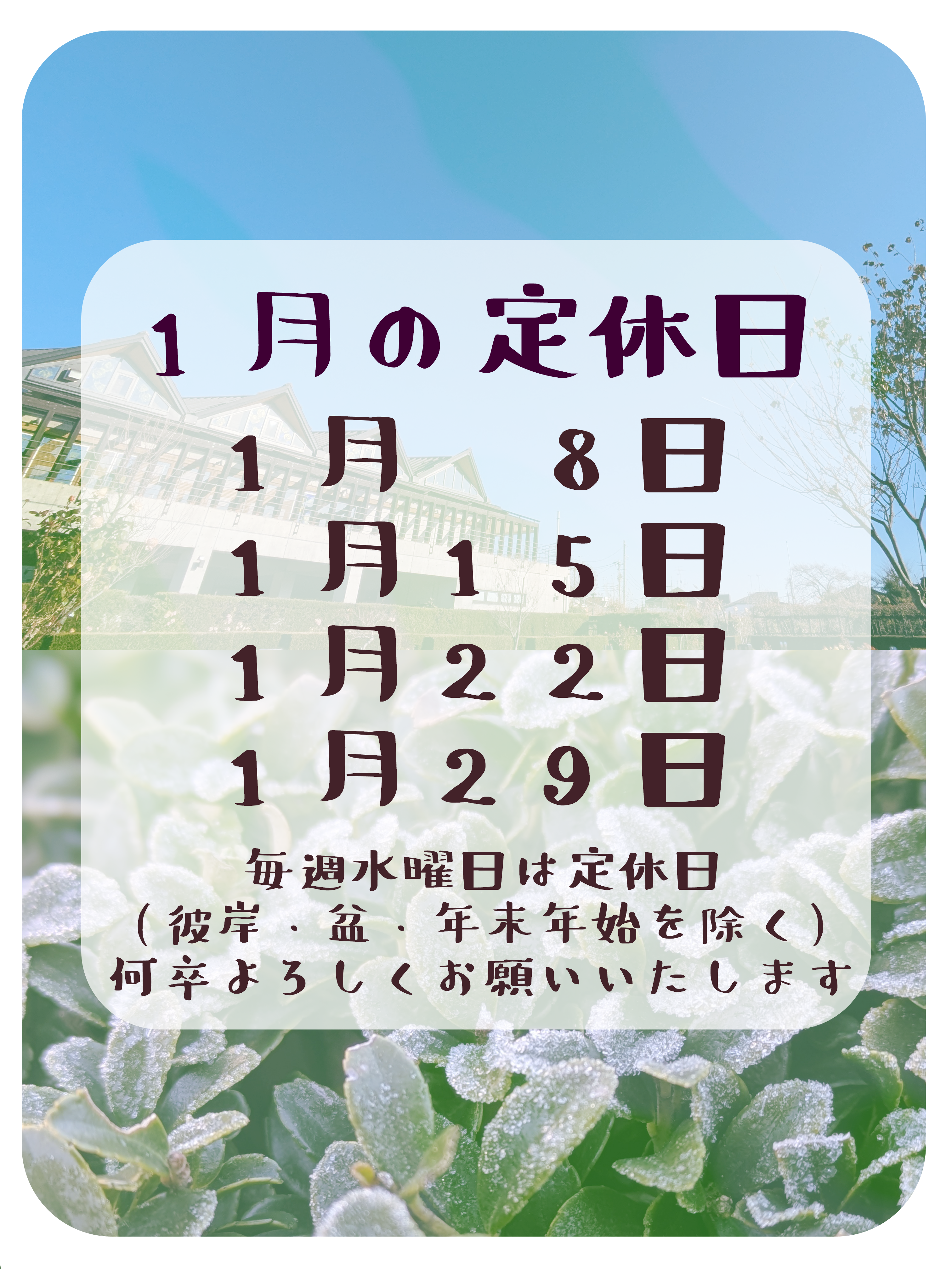 １月の定休日のお知らせ