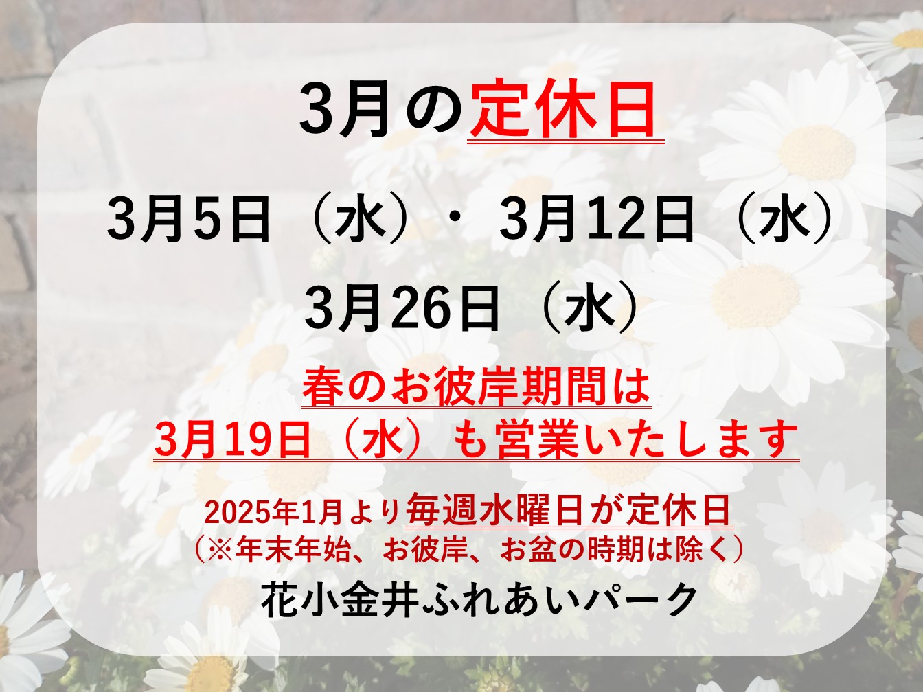 🌸3月定休日のお知らせ⛄
